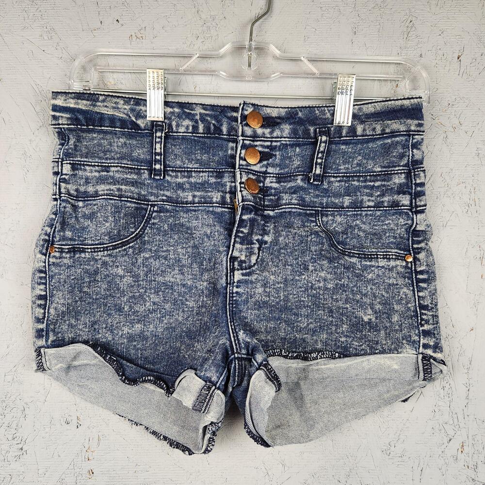 Refuge Jean Shorts Womens 8 Blue High Rise Denim Cuffed Button Fly Acid Wash Y2k
